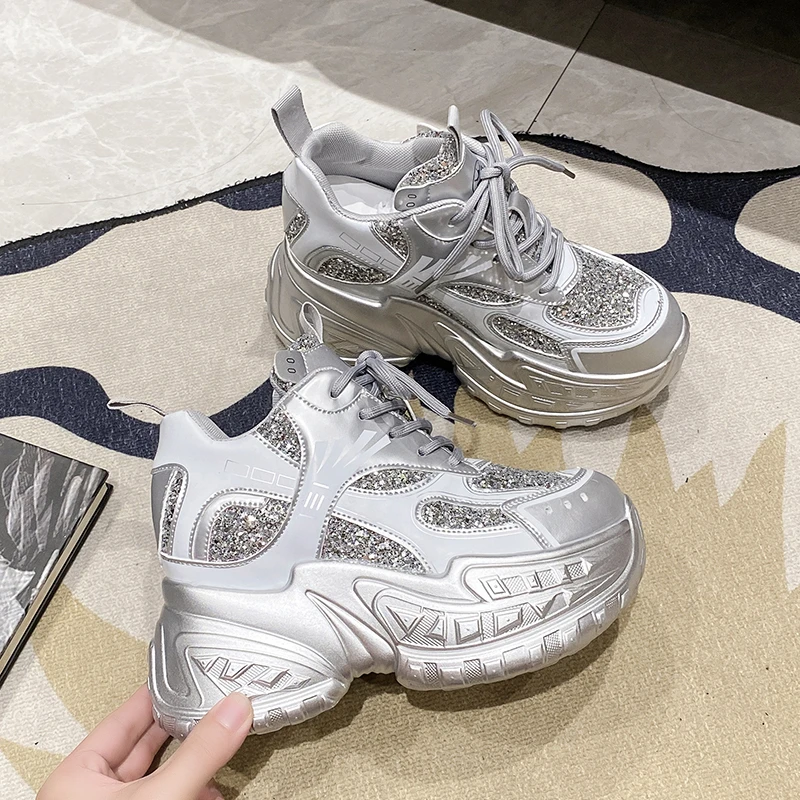 

Luxury Bling Bling Silive High Heel Chunky Sneakers Shoes for Women 2025 New Female Casual Platform Sneakers