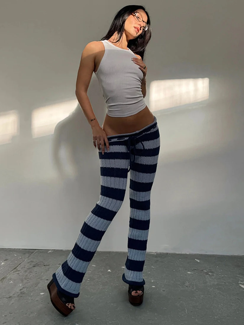

Sisjuly Fashionable Knitted Casual Pants Women's High Waist Wide Leg Pants Striped Pattern Drawstring Versatile Comfortable