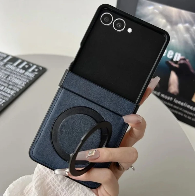 Für Samsung Galaxy Z Flip 8 7 FE 6 5 4 3 Flip7 Flip6 Flip5 Scharnierschutz Magnetische Hülle 360° Drehbarer Ringhalter Lederhülle
