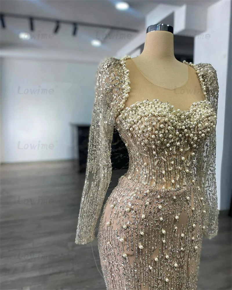 Elegant Long Sleeves Beading Evening Dresses Mermaid Pearls Prom Birthday Engagement Thanksgiving Gowns 2024 Wedding Party Dress