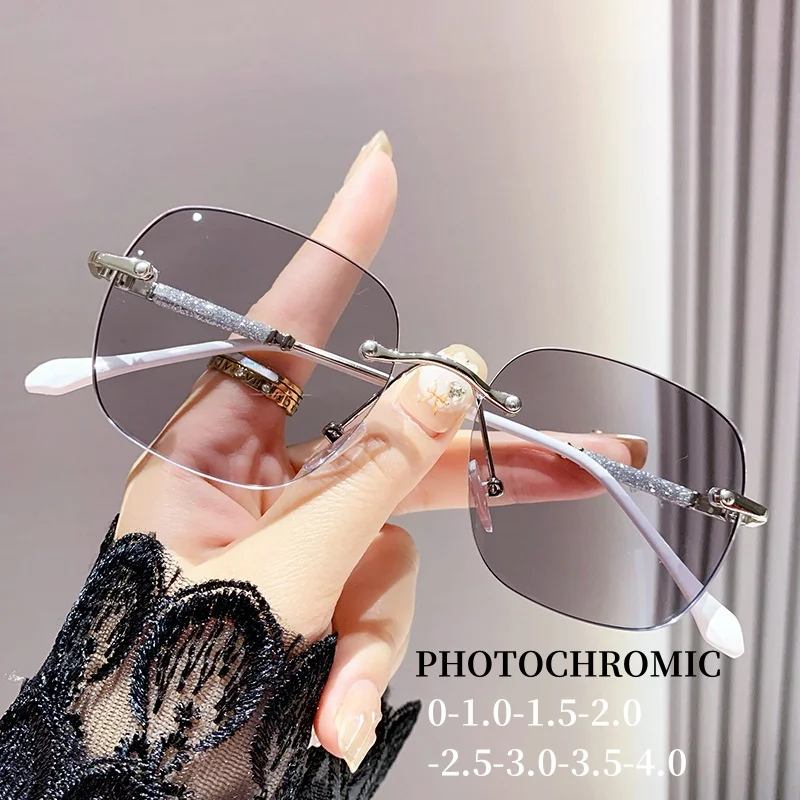 Advanced Photosensitive Color Changing Glasses Anti Blue Light Female Frameless Cut Edge High-definition Myopia Eyewear Goggles