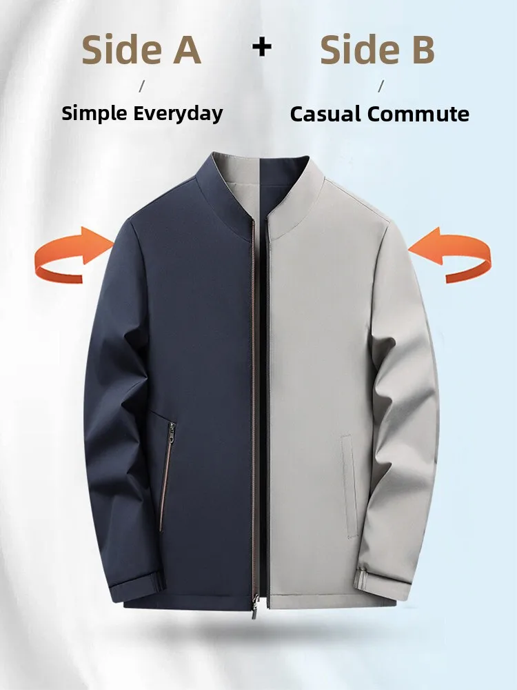 

Double-Sided Wear Busin Casual Men's Jaet Loment Stand Collar Spring Autumn Sle Dad Clothes Outerwear Polyester Fiber