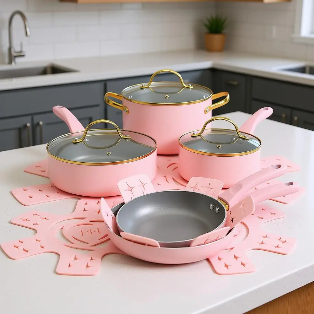 

Набор посуды с антипригарным покрытием, 12 предметов, розовый
