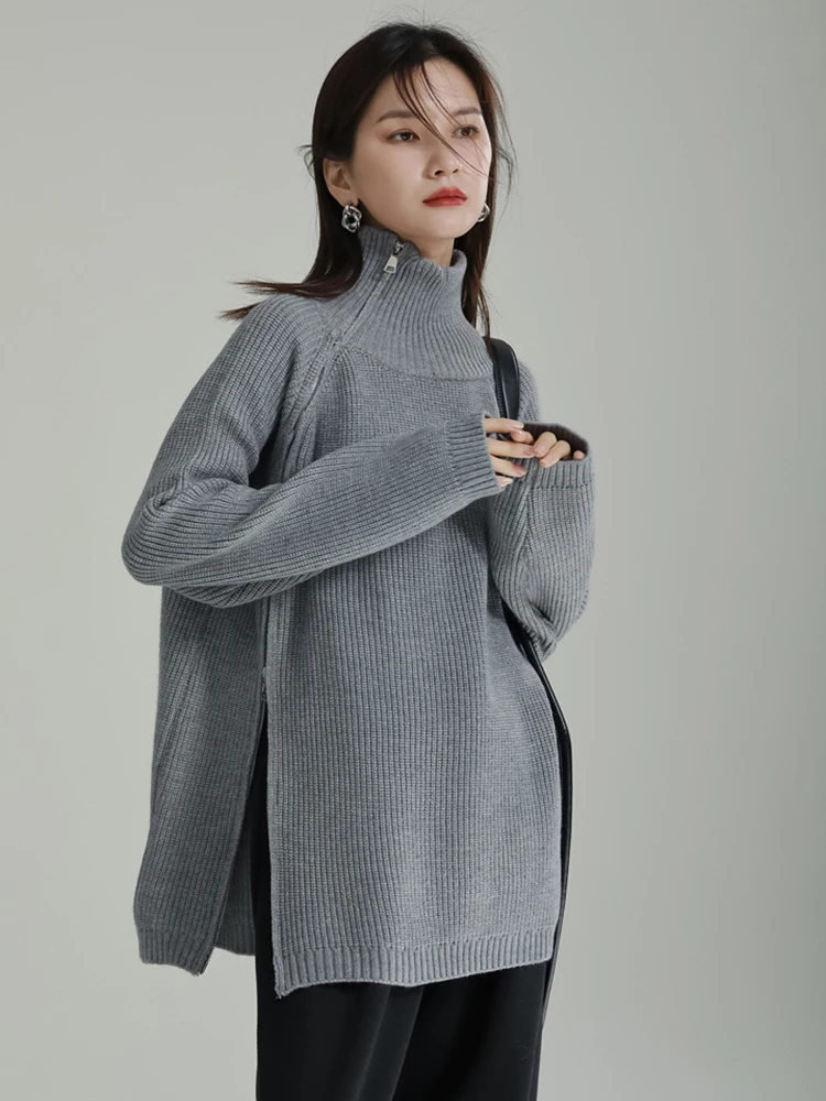 [EAM] Gray Zipper Big Size Knitting Sweater Turtleneck Long Sleeve Women Pullovers New Fashion Tide Spring Autumn 2024 1DH8179