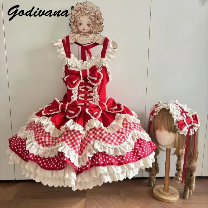 

Original New Lolita Red Plaid Polka Dot Jsk Dress Spring and Summer Girl Women's Sweet Bow High Waist Short Puffy Dresses