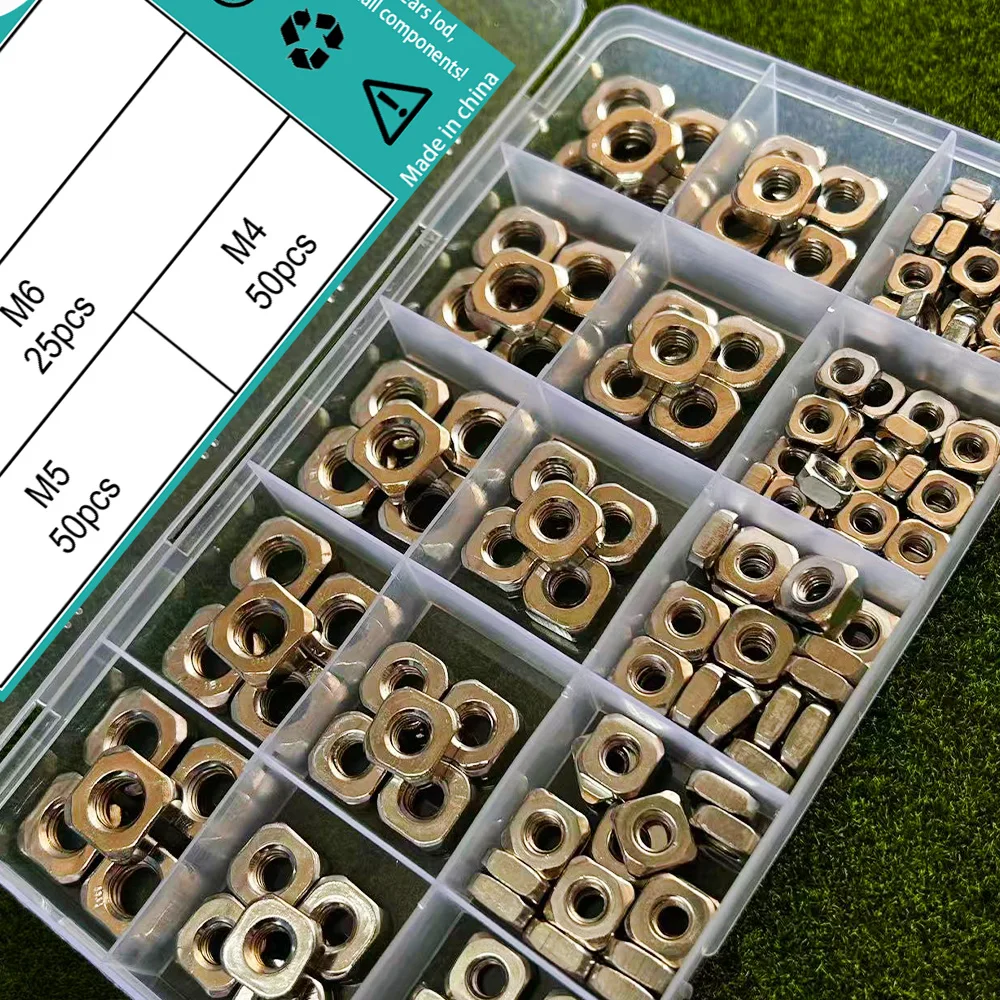 150-Piece Square Nut Set (M4, M5, M6, M8) Are Fully Threaded Square Nuts, Used as Mechanical Fasteners.