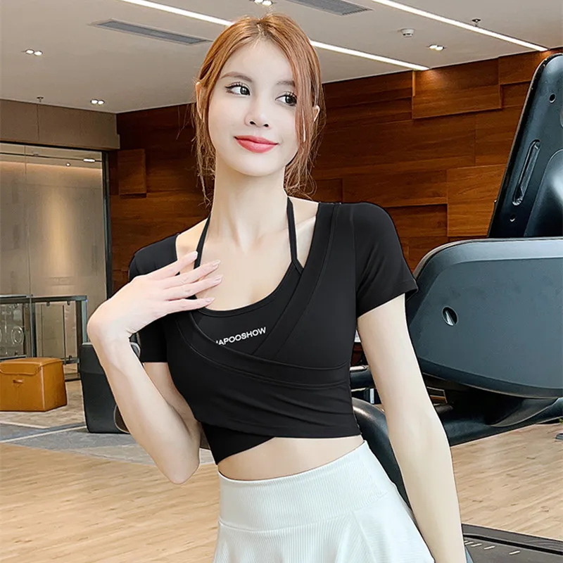 Sport Running Yoga Clothes with Chest Pad Thin Strap Neck Hanging Style Short Sleeve Show Slim Belly Button Cross Short Top