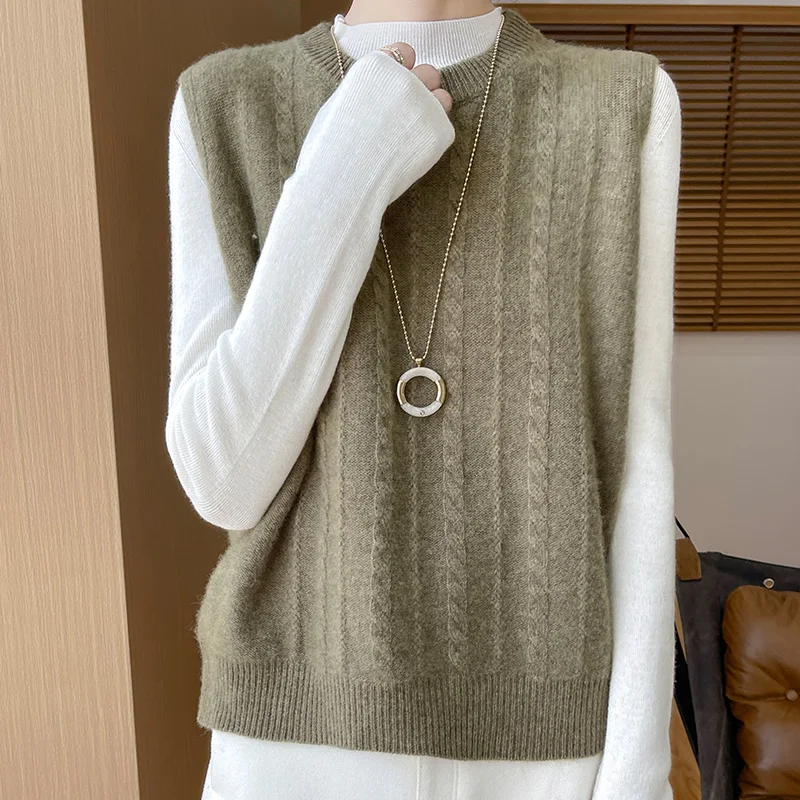 Fall/winter new 100% pure wool vest female O-neck loose thick sleeveless jacquard sweater knitted cashmere sweater