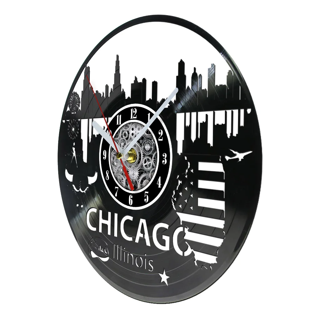 Chicago Skyline Laser Cut Longplay Wall Clock For Living Room Home Office US Travel Illinois Cityscape Retro Music Album Clock