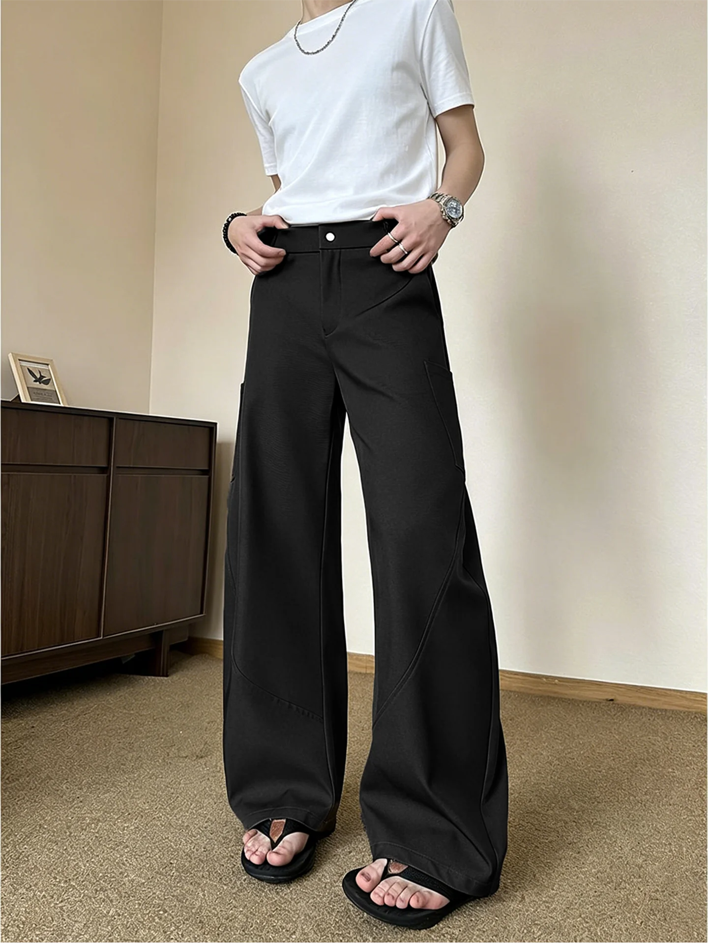 American Style Ice Silk Men's Pants Slanted Cut Knife West Pants Summer CleanFit Old Money Straight Hanging Sense Pants