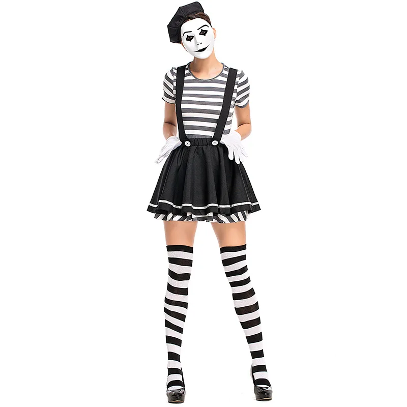 Halloween adulto in bianco e nero Lady Mime Artist Costume Art Street Stage Performance Fantasia Dress