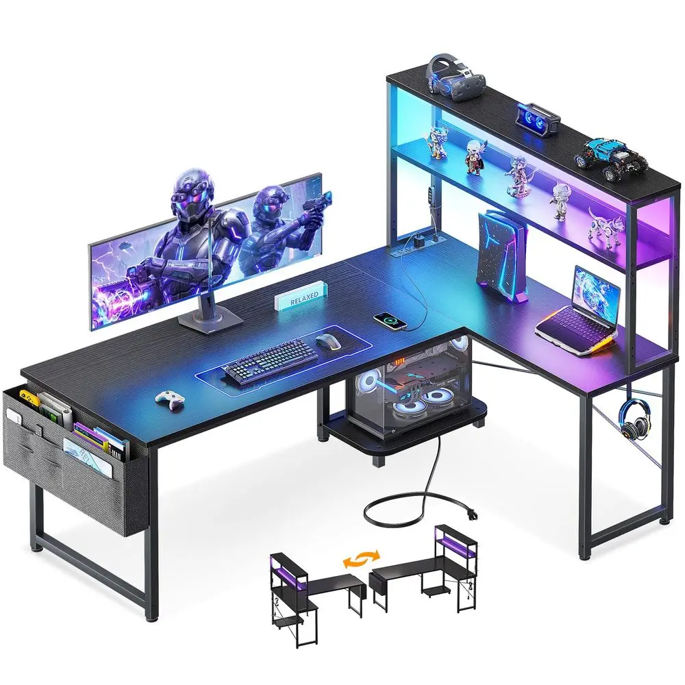 53 L Shaped Gaming Desk with Shelves, LED amp Outlets, Black Hook for headset, bag for gear. Shelves for books amp supplies. LE