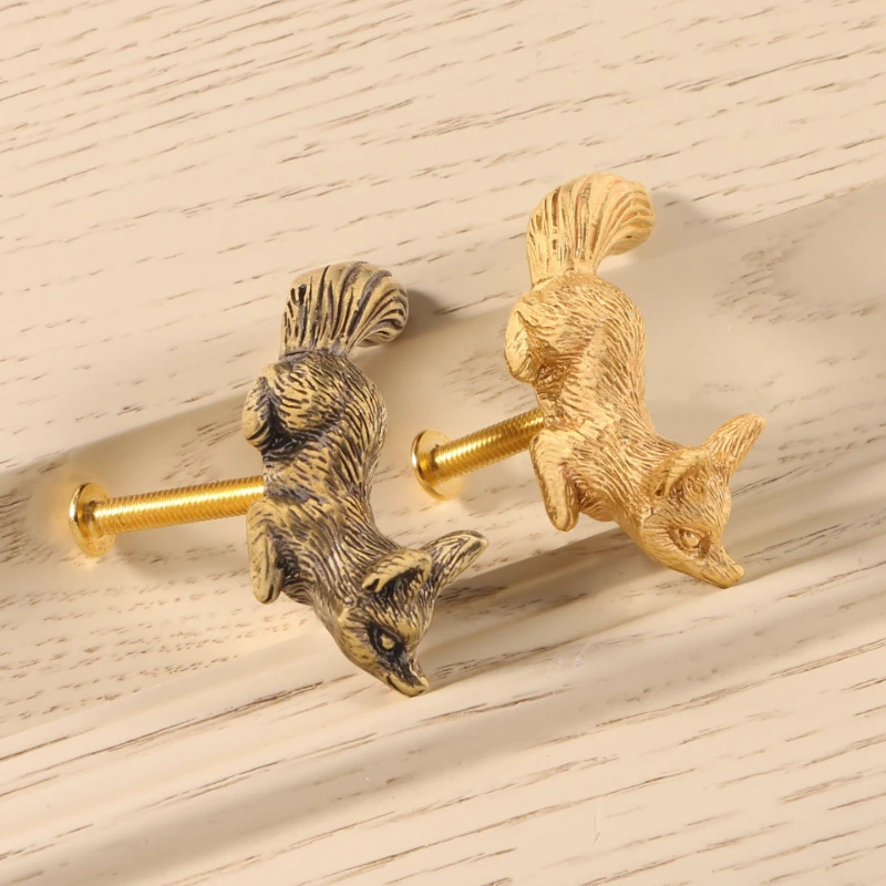 Brass Animals Furniture Handles Gold Sleepy Fox Shaped Cabinet Handles Door Drawer Knobs Kitchen Wardrobe Cupboard Closet Pulls