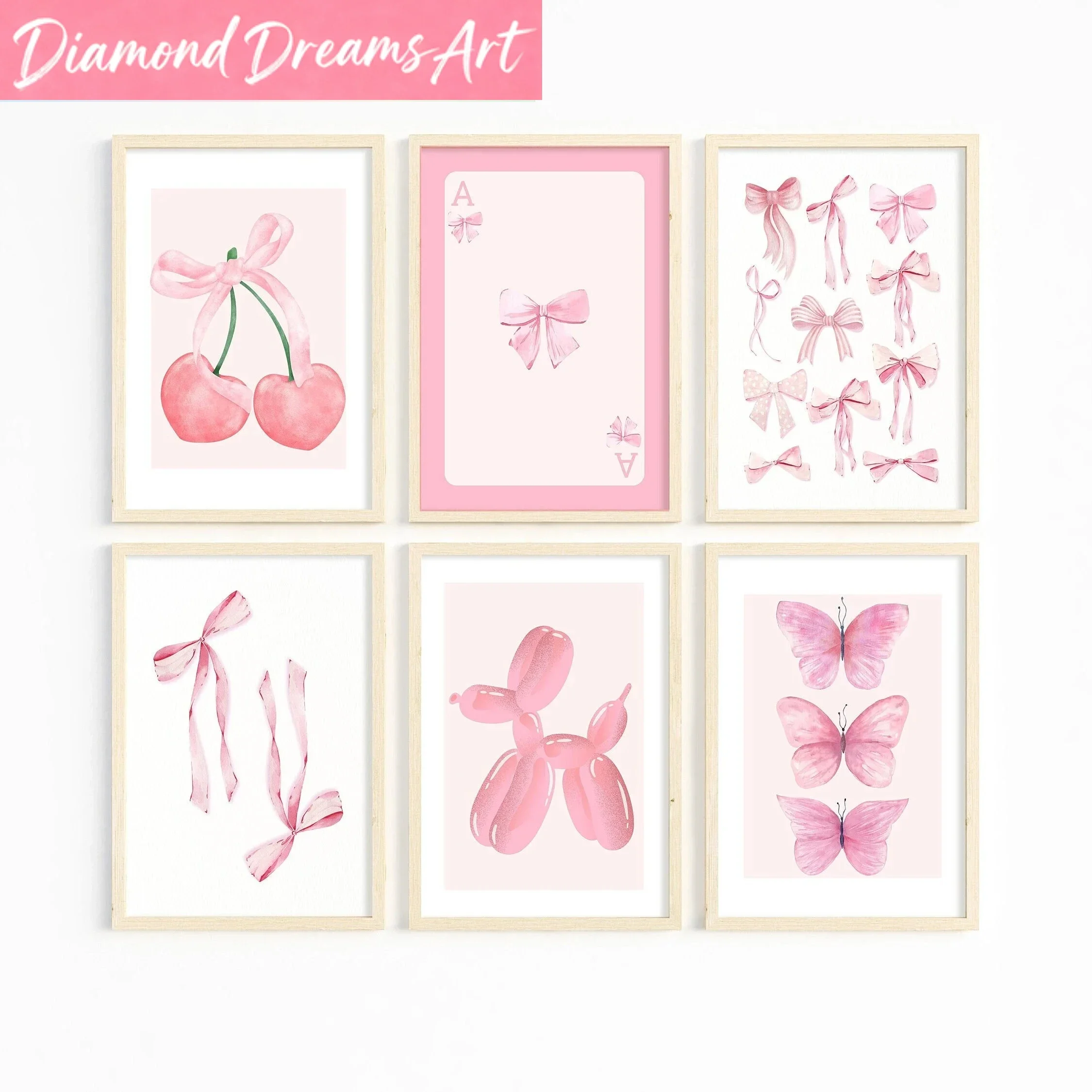 Frameless,Fashionable pink mural bow cherry balloon handmade diamond painting, decoration for girls' rooms in college apartments