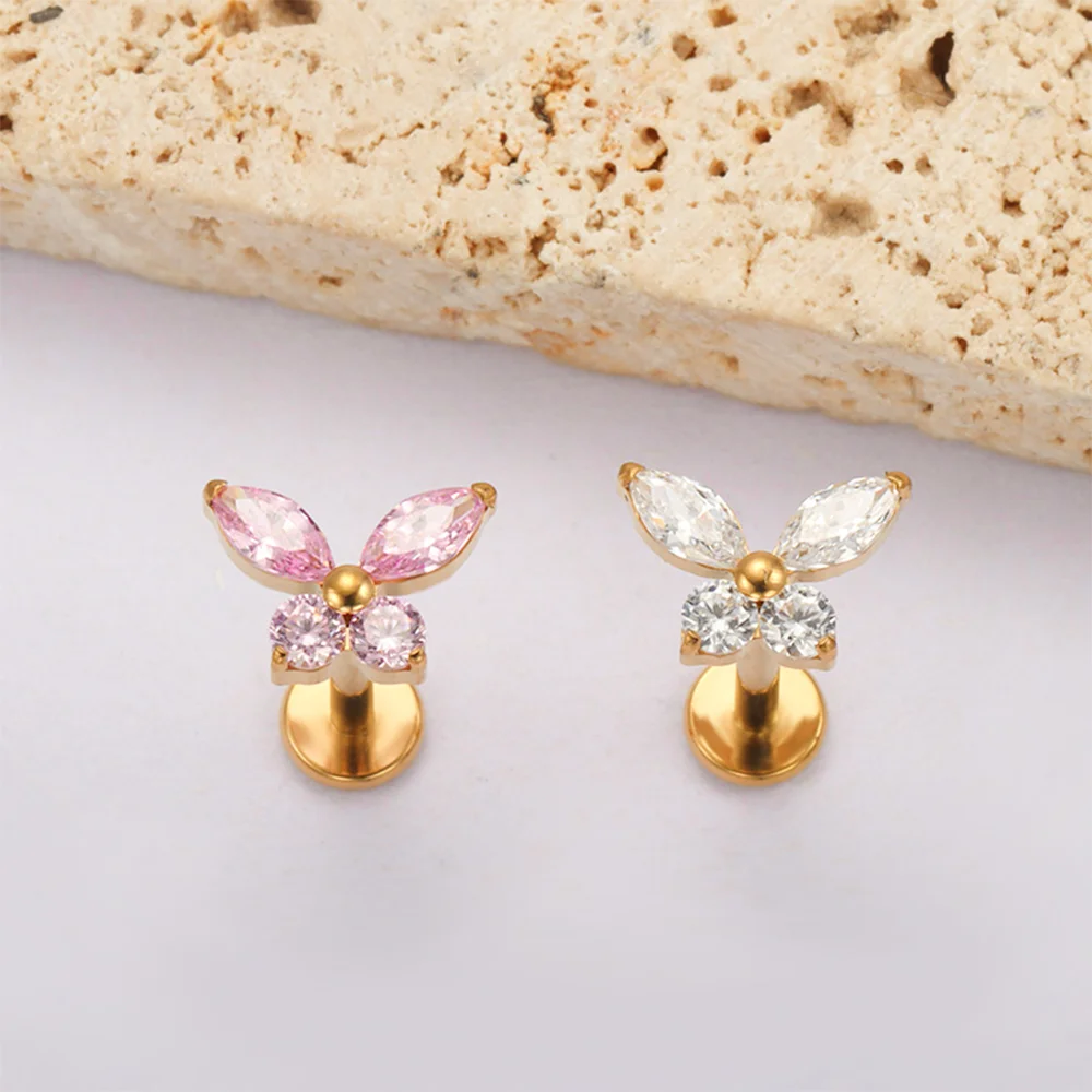 PUTITUP ASTM F136 التيتانيوم فراشة أقراط مرصعة بحجر الزركون روك الشرير نمط الأذن العظام الشفاه مسمار العالمي هيئة ثقب المجوهرات