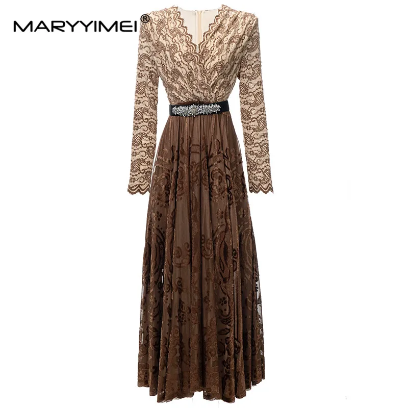 MARYYIMEI New Fashion Runway Designer Women's V-Neck Long-Sleeved Beading Detachable Belt Velvet Printing Pleated Dress