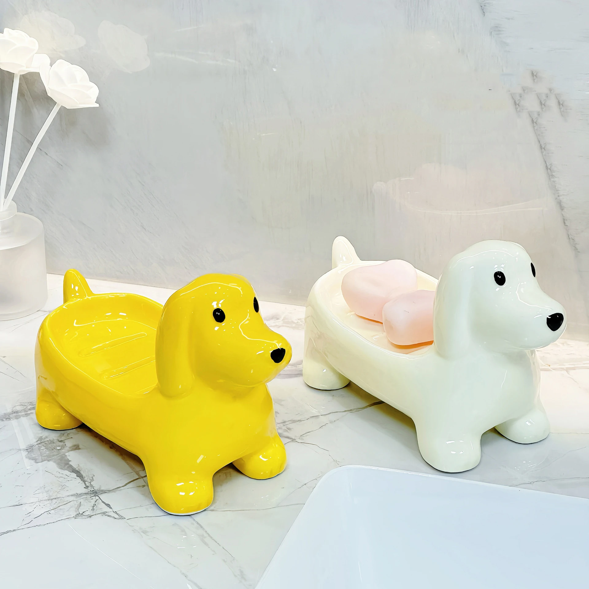 

Керамическая мыльница с мультяшной собакой, милые животные, мыльница для ванной комнаты, бытовая раковина, мыльница, стойка для украшения ванной комнаты, сливная стойка для животных