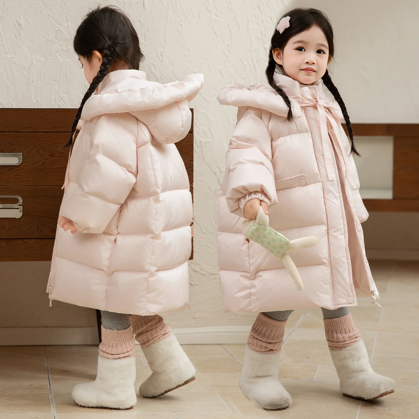 2-11Y الفتيات طويلة الوردي الأسود الأزرق أسفل سترة قطن الشتاء مقنعين الخصر Cinching الحلو بلون لطيف كليب على معطف دافئ القطن