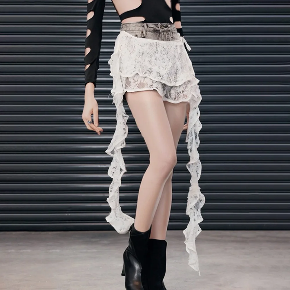 Многослойная юбка с лентой и кисточками, белая кружевная рубашка, удлинитель, набедренный шарф на шнуровке, корейский стиль, пояс в стиле хип-хоп с рюшами по краям