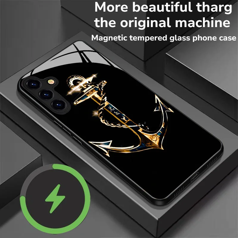 Ship anchor design magnetic tempered glass phone case suitable for Samsung GalaxyS26 S25 S24 S22 S21 S20 FE/Ultra/Plus anti fall
