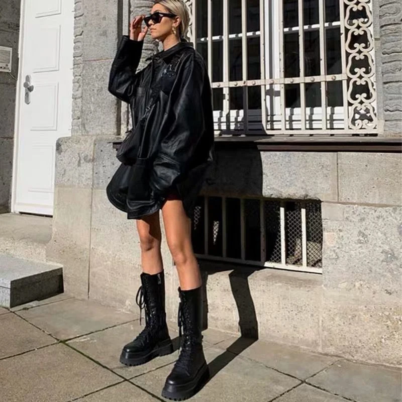 2025 Modische Chunky-Plateau-Motorradstiefel für Damen, Herbst-Winter PU-Leder Kniehohe Stiefel, Punk-Stil mit Dicker Sohle, Lange Botas – Detail 11