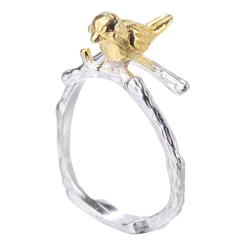 925 Silver Branch Shaped Ring Korean Version Fashionable Little Bird Exquisite Jewelry Gift Elegant Finger Ring for Women