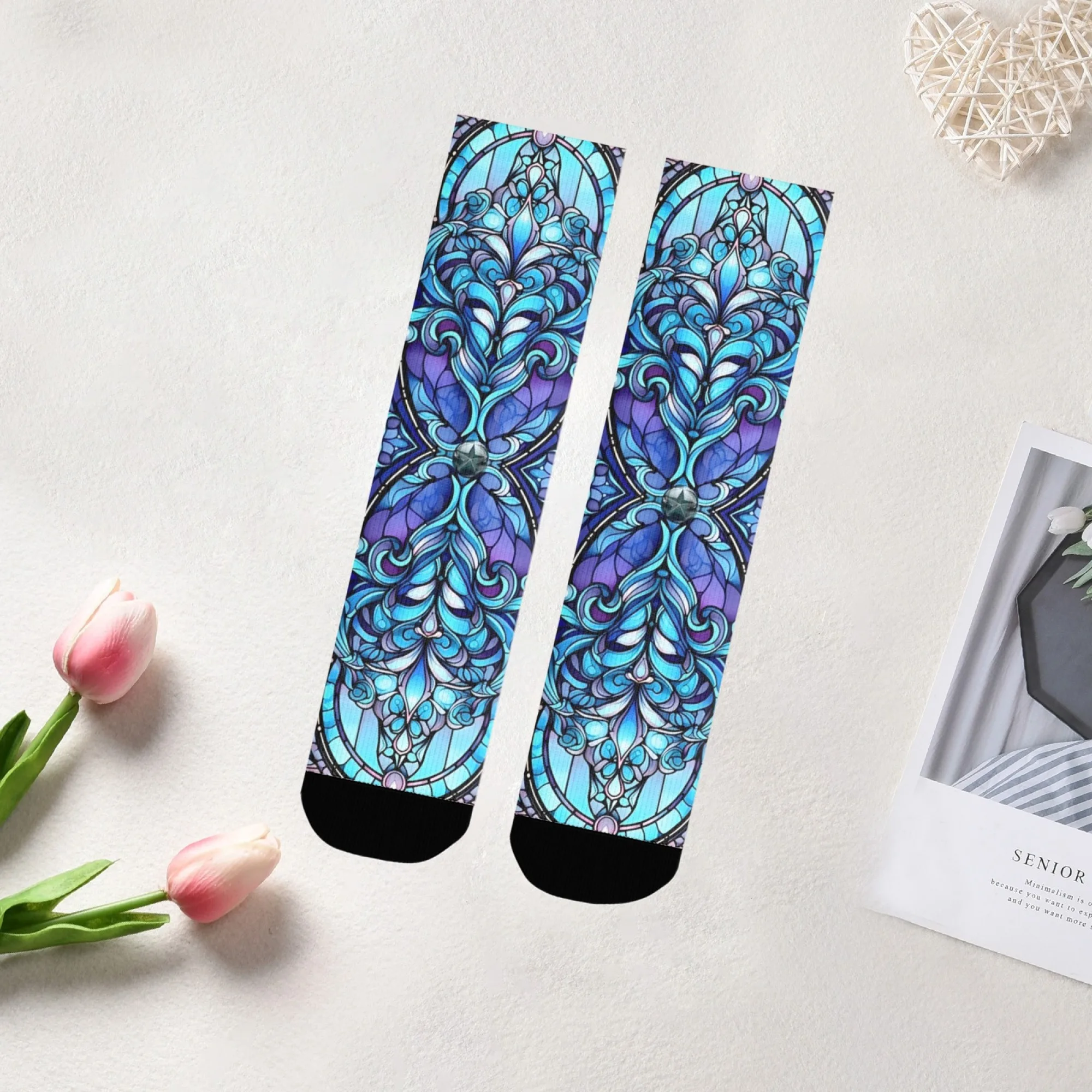 Stained Glass Window Socks Non-slip Elastic Breathable Men's Socks Travel Casual Hiking Retro Trendy Gothic Compression Socks