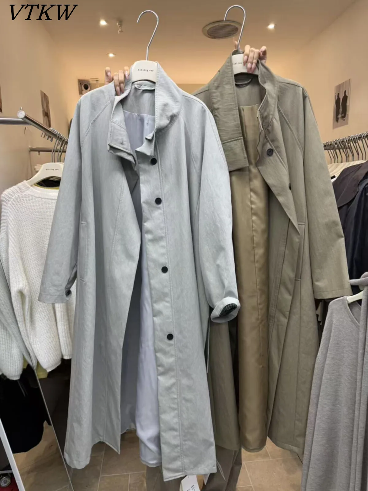 

VTKW 2025 Women's Long Trench Coat Solid Color Stand Collar Belted Single Breasted Vintage Elegant Casual High Quality Autumn