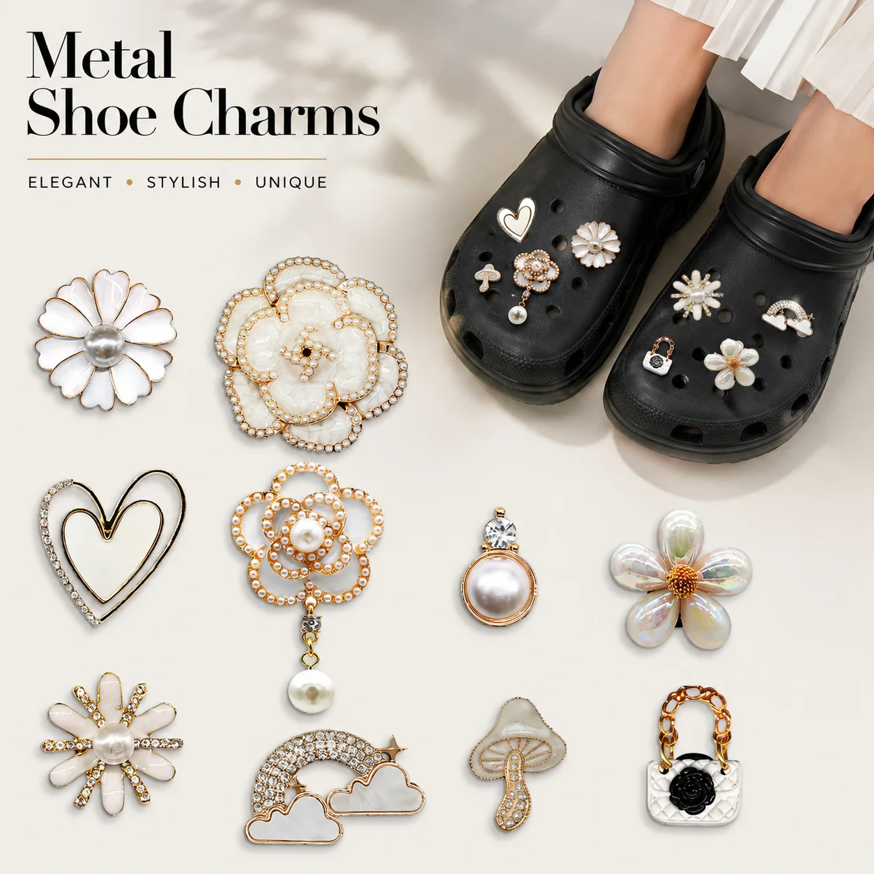 1/10PCS White Metal Series Shoe Accessories for Girls, Heart-Shaped Flower Charms for Shoes, Mushroom Cloud-Shaped Sandal Clogs