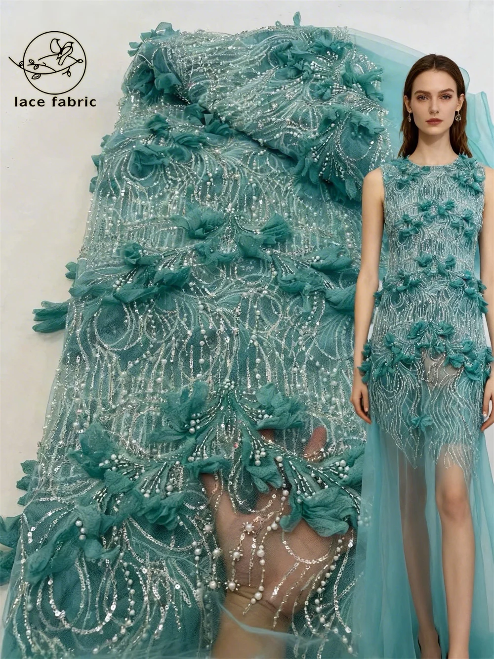 

Hot 3D Flower African Beaded Lace Fabric 5 Yards 2026 France Nigeria Sequins Tulle Lace Fabric for Wedding Party Evening Gowns