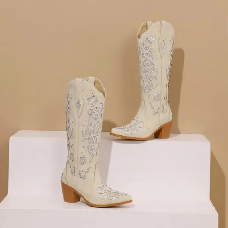 Bling Crystals Retro Western Cowboy Knee-high Boots for Women 2025 Sewing Floral Cowgirl Shoes Boots