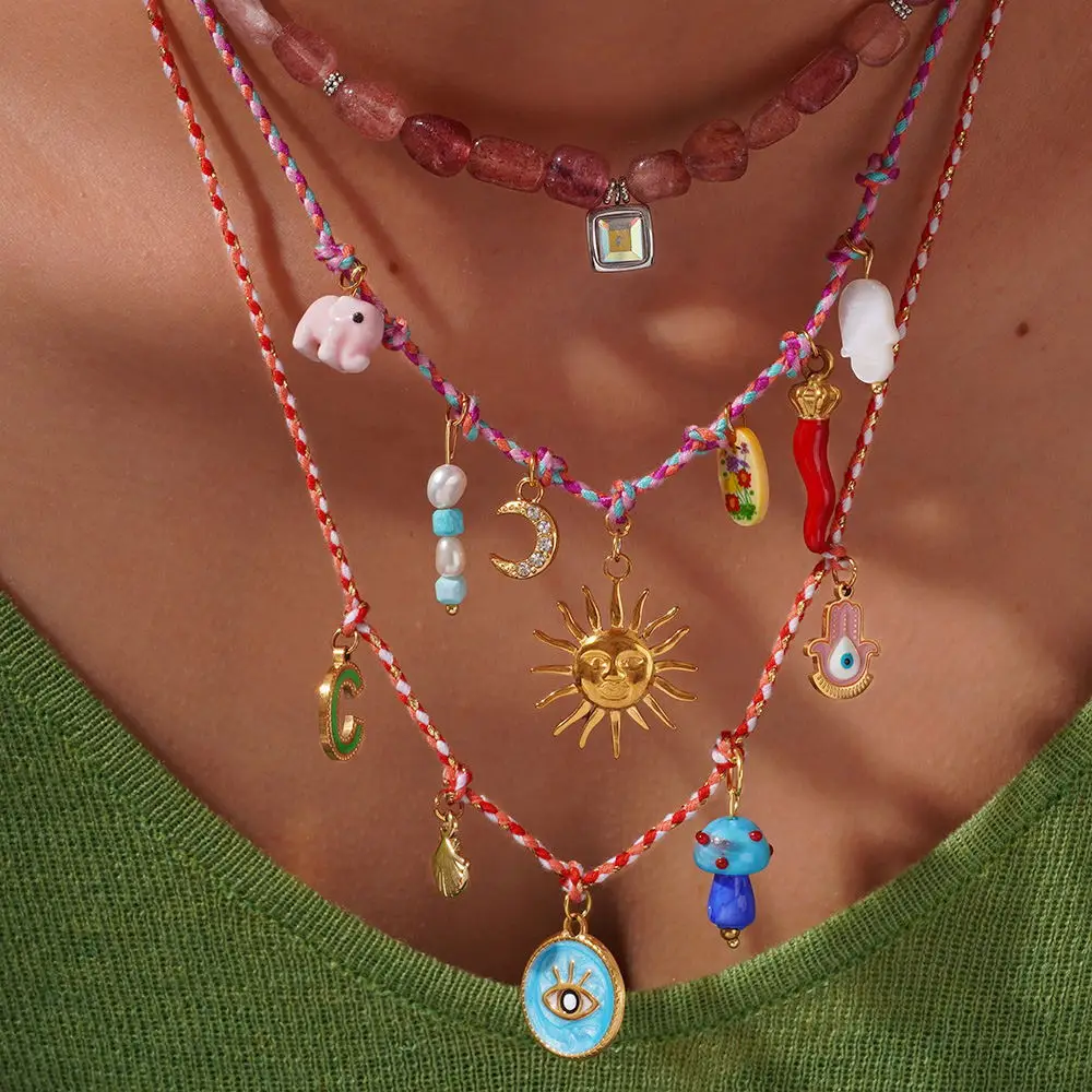 

Aesthetic Woven Rope Collar Necklace Natural Rose Quartz Stone Sun Moon Evil Eye Pendant Stainless Steel Celestial Jewelry Y2K