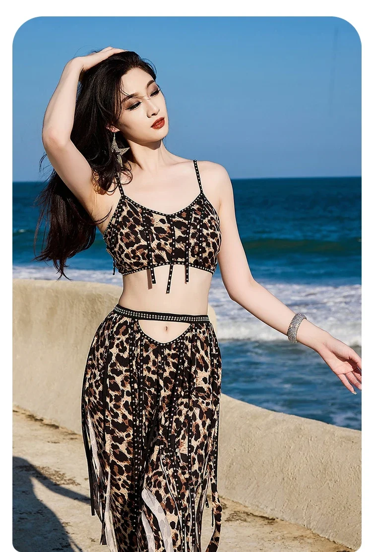 Traje de actuación de danza del vientre para mujer, conjunto sexy de borlas con estampado de leopardo, traje de práctica profesional de danza oriental para adultos