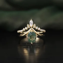 GEM'S BALLLET Unique Moss Agate V Shape Engagement Ring Set  Chevron Wedding Band 2pcs Bridal Ring Set in 925 Sterling Silver