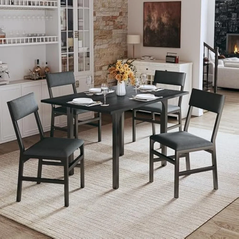 Dining Table Set for 4, Extendable Kitchen Table Cushion Chairs Set of 4, Rectangle Dining Table with Metal Frame & MDF Board