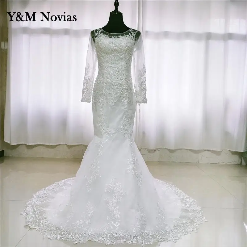 

Y$M Novias 2022 New Sweet O-Neck beautiful Luxury Lace Embroidery Sequined Train Mermaid wedding dresses long Sleeve Brida Gowns