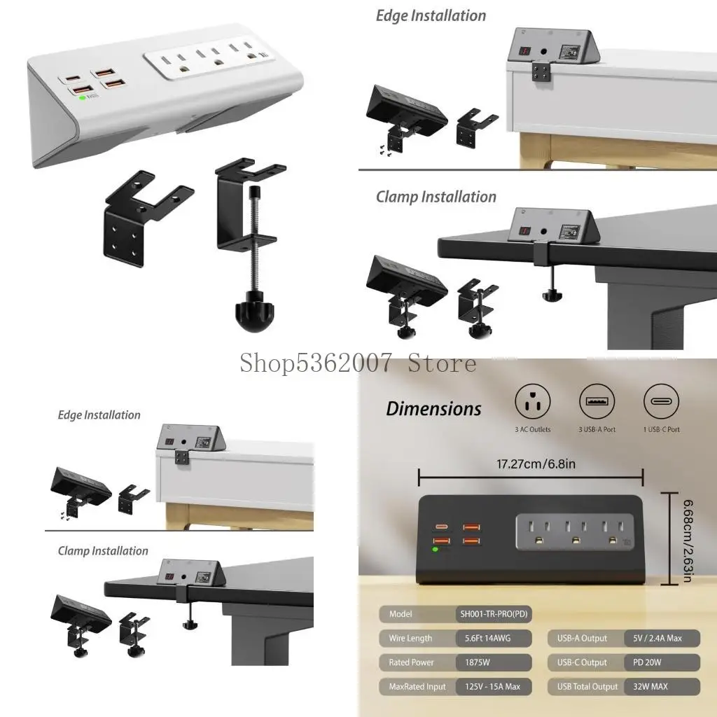 

Tabletop Surges Protectors with USB C and 3AC Outlets Desk Edges Mount Power Strips 40JB