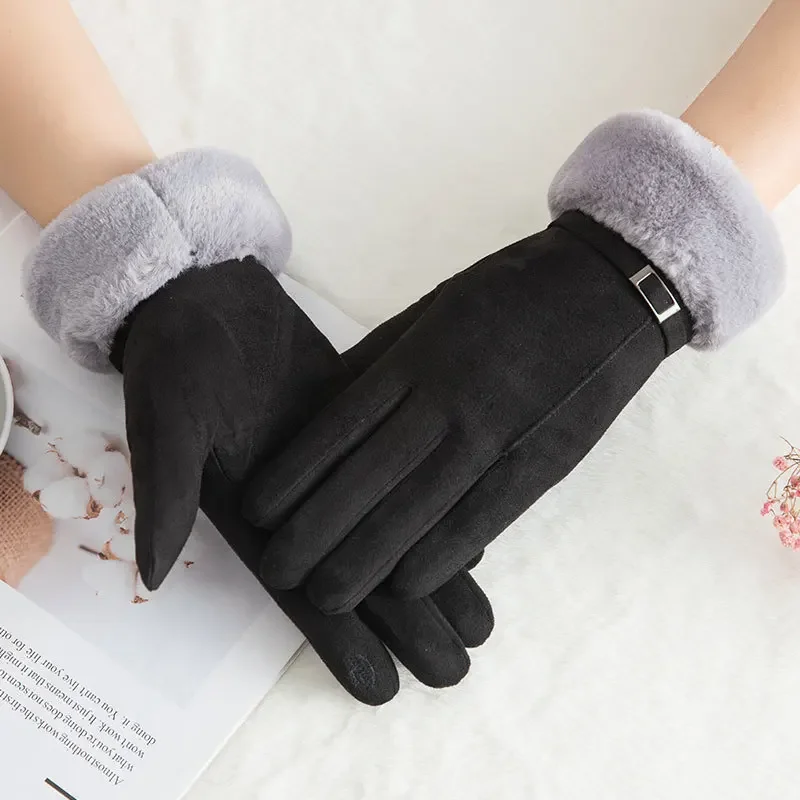 

Winter Female Warm Cute Mittens Double Thick Plush Wrist Women Touch Screen Driving Gloves black gloves