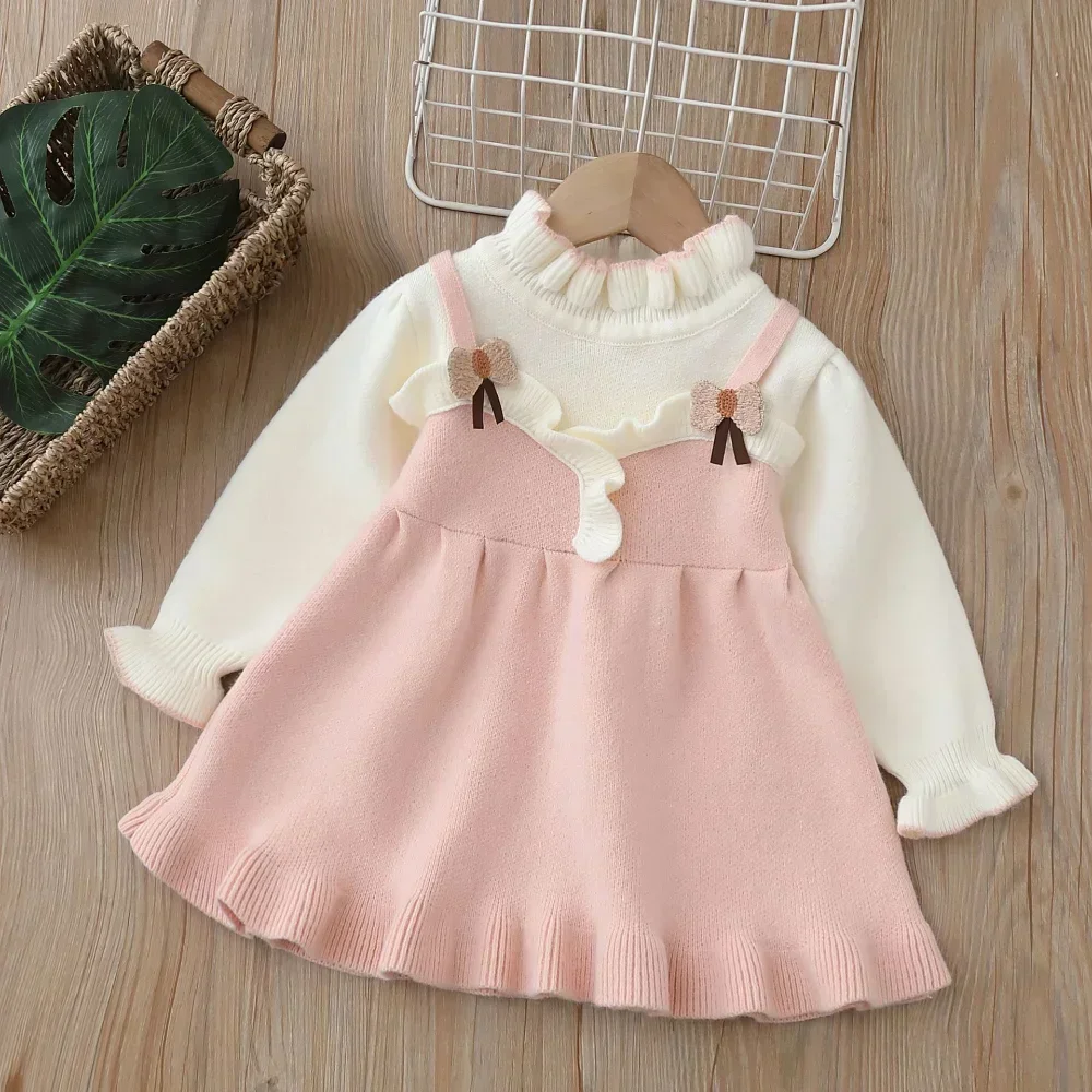 Bear Leader Autumn Winter Cute Birthday Party Girls Clothes Bow Ruffle Hem Fake 2 Piece Sweater Dress Kids Dresses for Girls