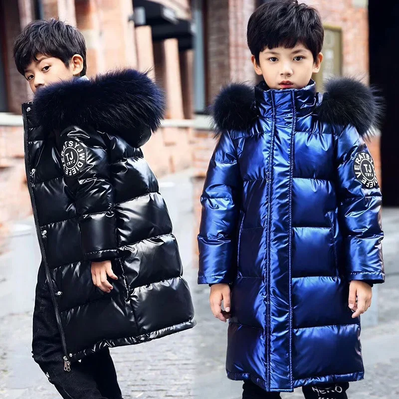 -30℃ 2024 Winter Teen Boys Jacket Solid Color Waterproof Thick Warm Hooded Parka For 5-12Y Kids Big Fur Collar Cotton Snowsuit