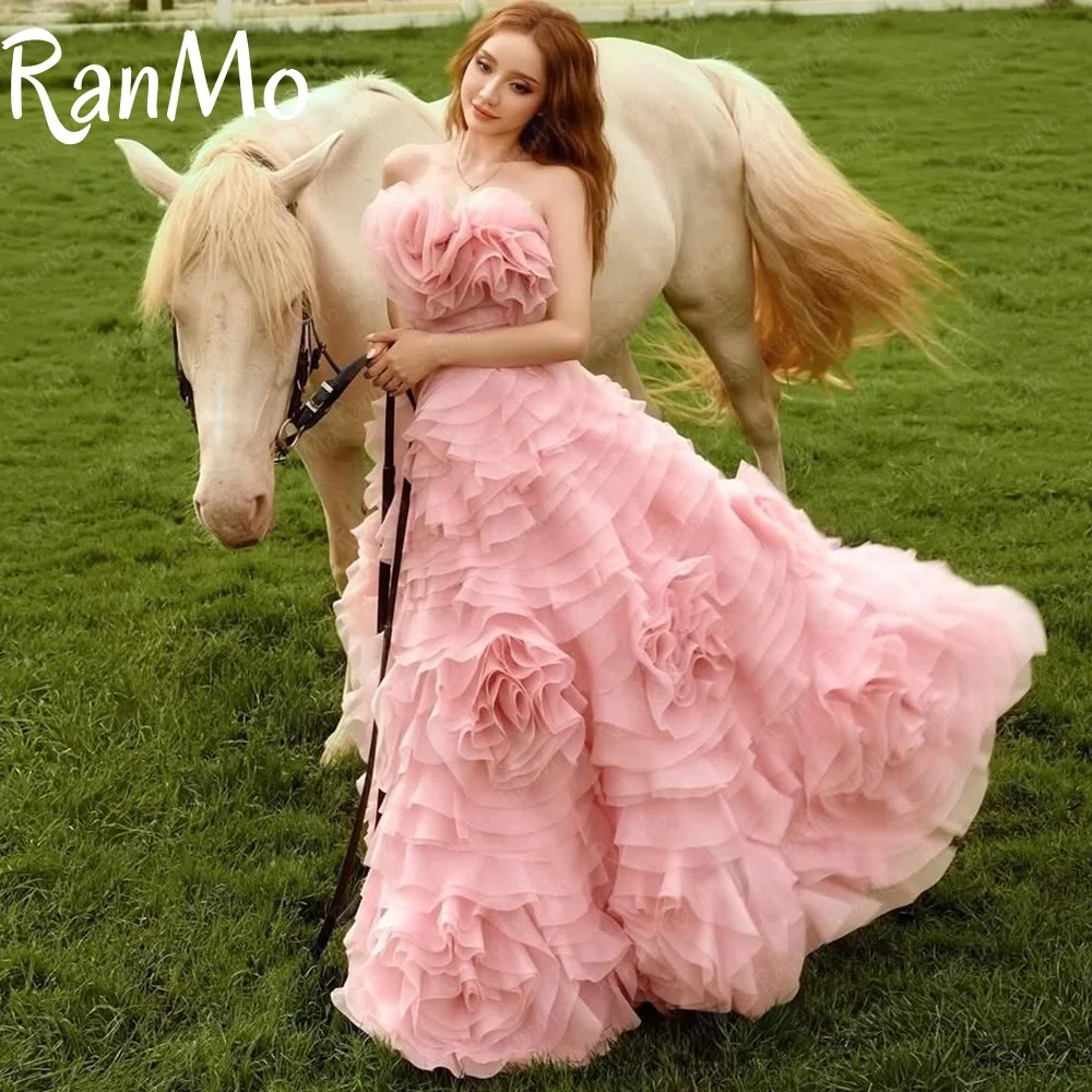 Ranmo Gaun Malam Organza Persik Elegan Gaun Pesta Gaun Pesta Roset Berjenjang Tanpa Tali Ruffles 2025 Gaun Prom Disesuaikan