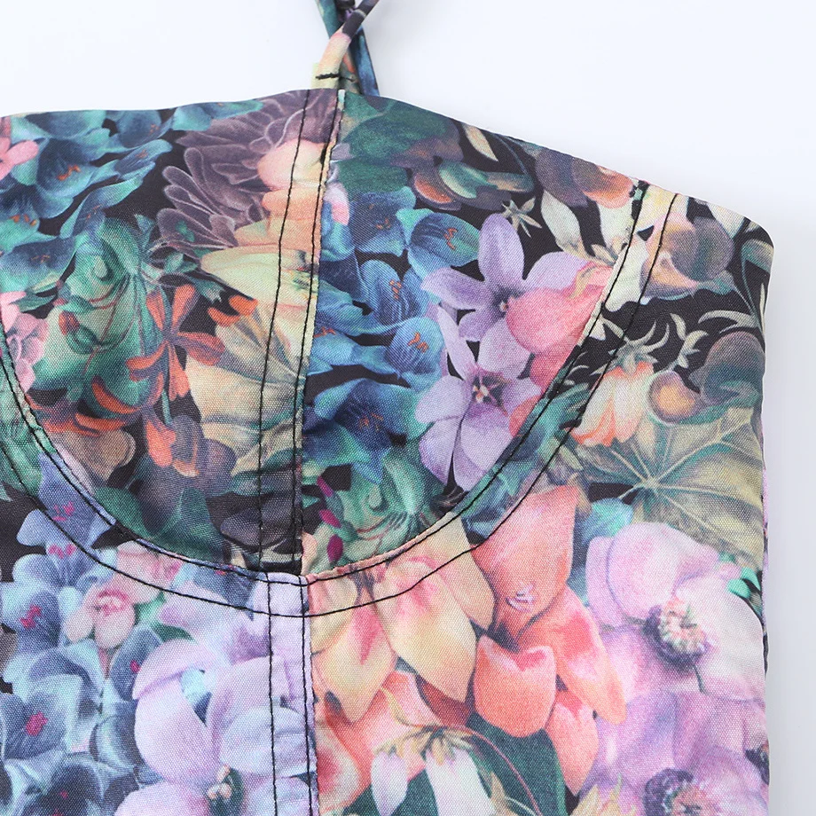 KASLEAD Sexy Retro Oil Painting Style Women's Strapless Two-Way Wear Top Short Length Polyester Fiber Plant Floral Print