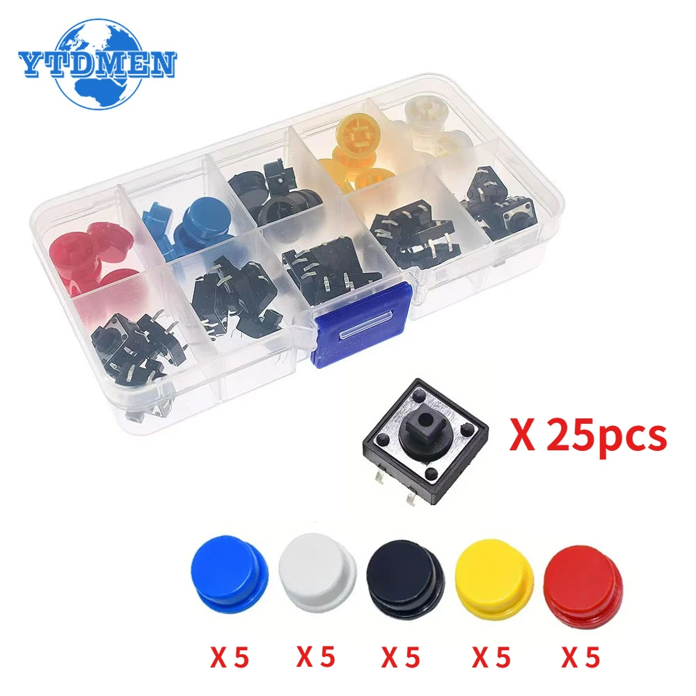 25Sets Keycap Tactile Push Button Switch Momentary 12*12*7.3MM Micro Switch Button Circular Cap Kit (5 Colors) , for Arduino