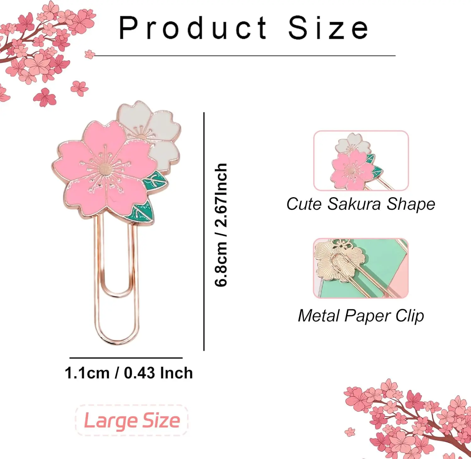 6Pcs Cute Cherry Paper Clips Bookmark,Funny Colorful Large Size Metal Sakura Sunflower Daisy Pink Paperclip Planner Accessories