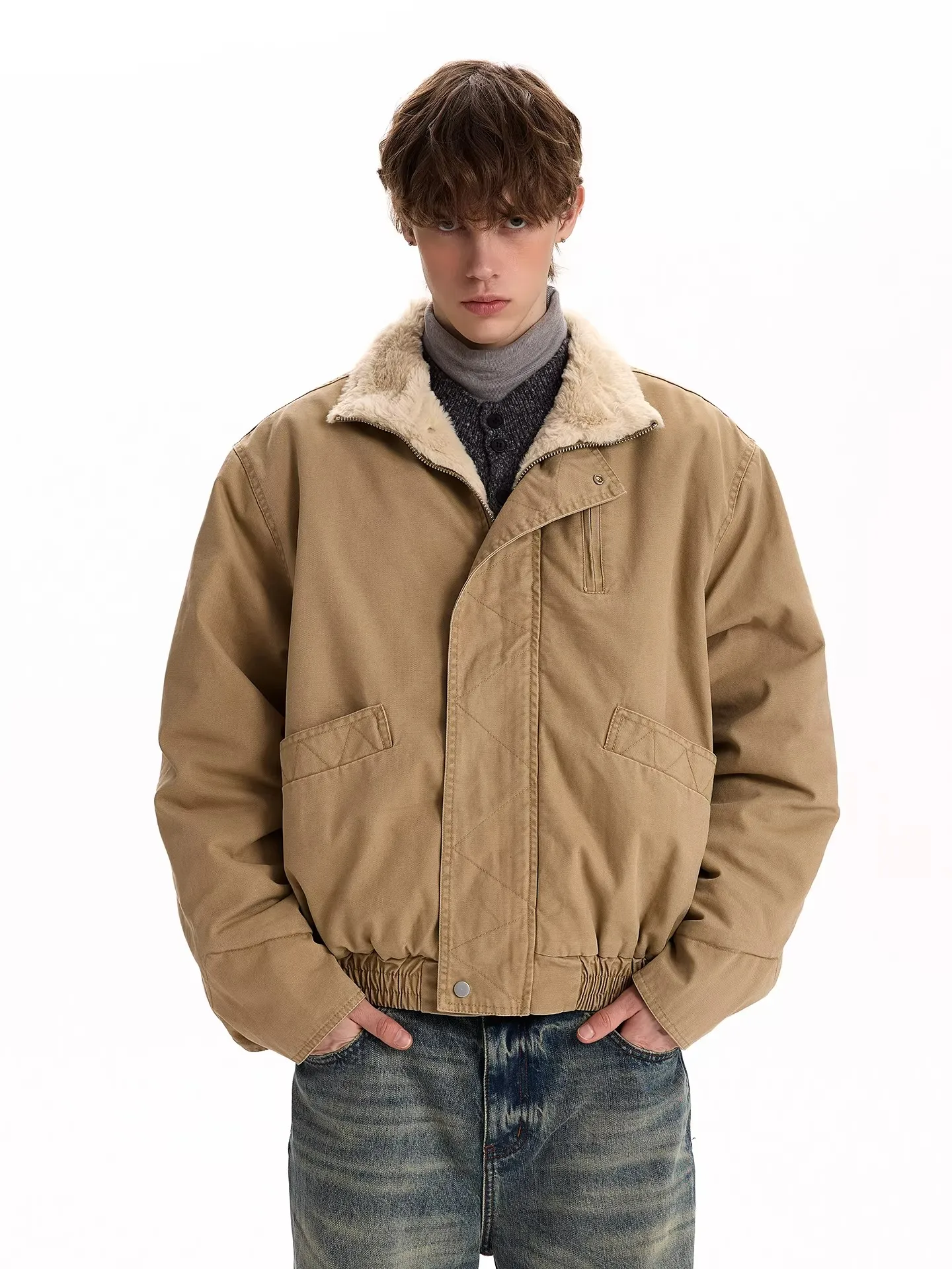 

Американская ретро-куртка-бомбер из хлопка с утолщенным воротником-стойкой, мужская зимняя рабочая куртка, молодежная повседневная теплая куртка