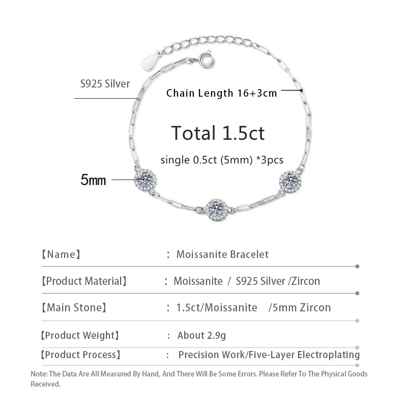 1.5ct Moissanite Bracelet 925 Silver with Certificate Classic Luxury Round Sparkling Diamond Chain Bracelets for Women Jewelry