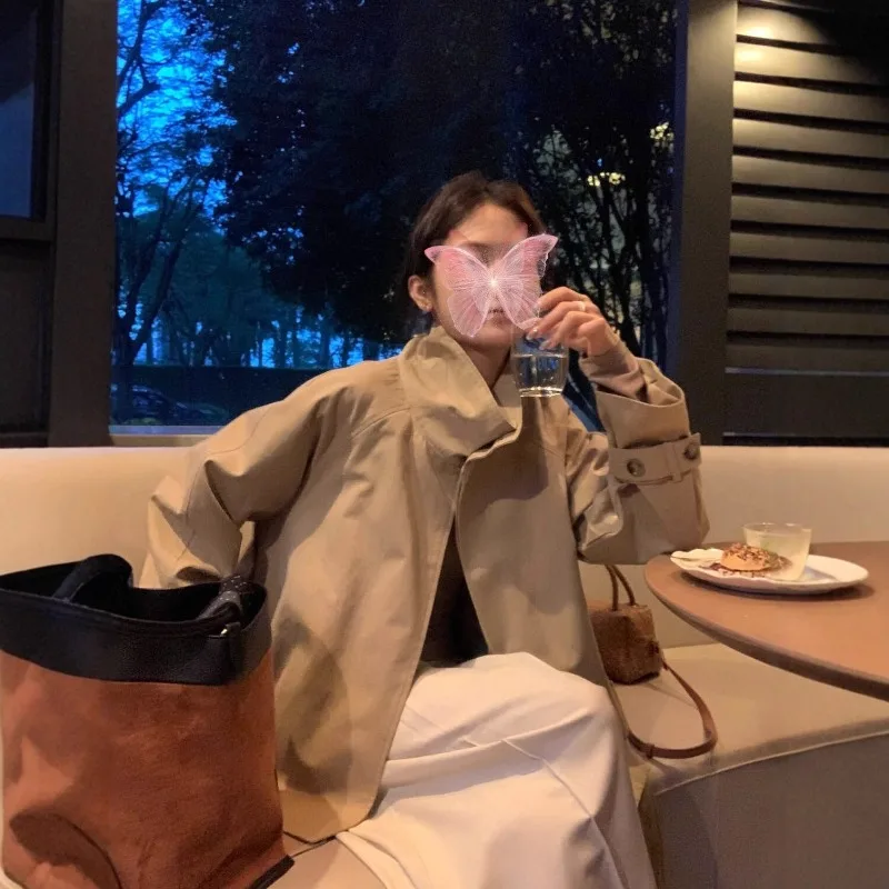Khaki Short Windbreaker Jacket for Women 2025 New Style Early Autumn High-end Korean Style Stand Up Collar Loose Top