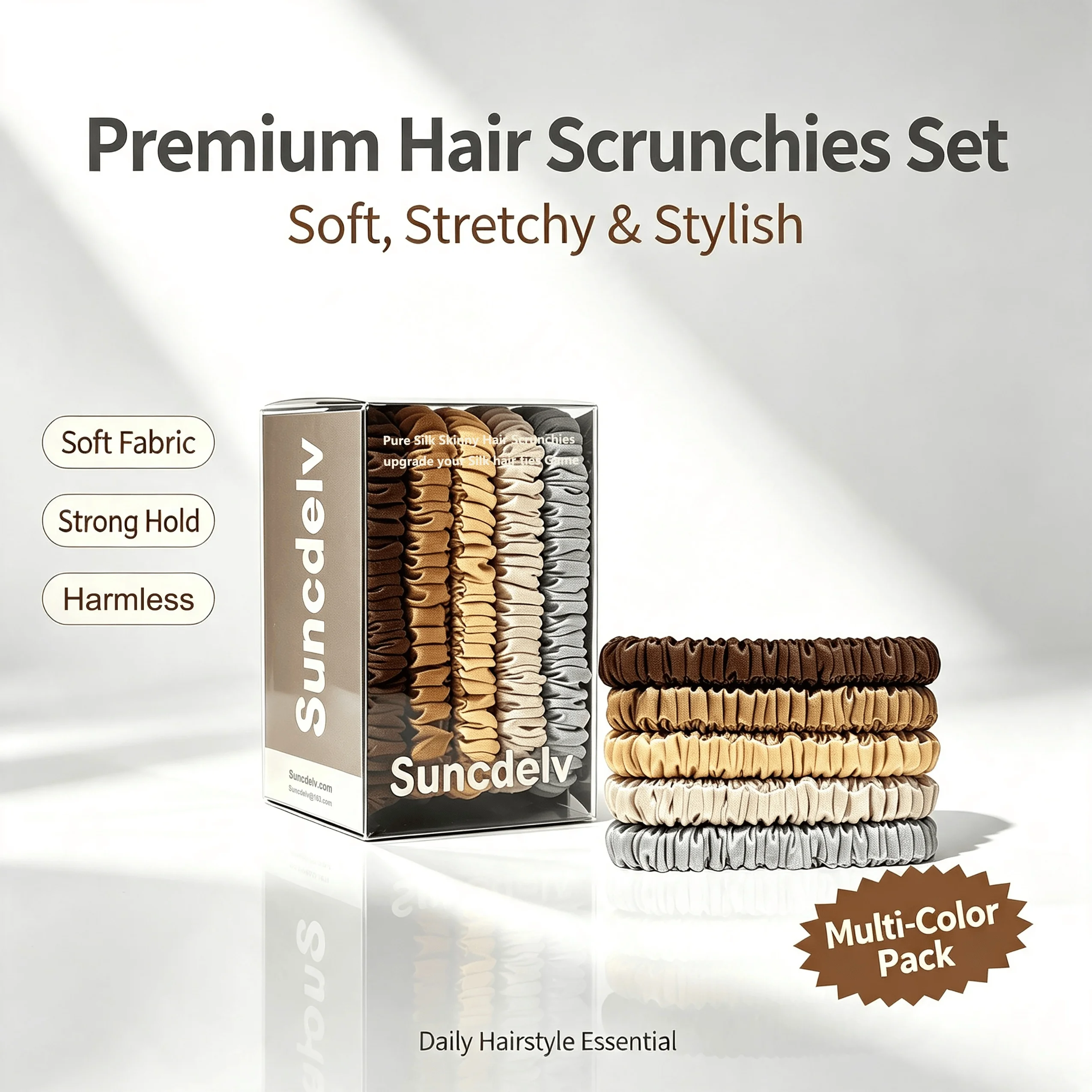 5pcs 100% Pure Mulberry Silk Skinny Hair Scrunchies. Comfortable to Wear, Suitable for Women's Daily Matching.