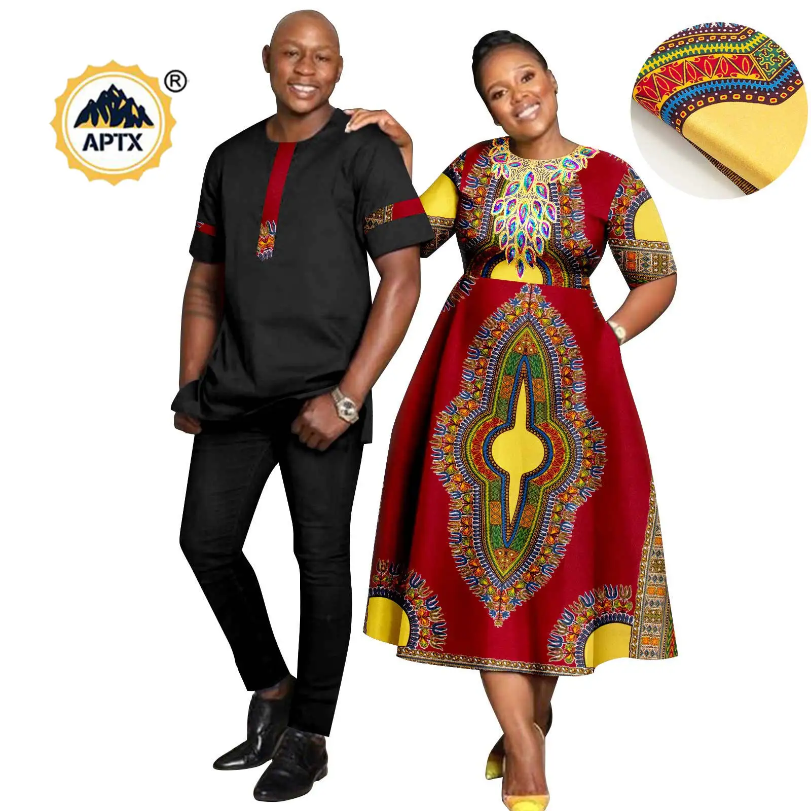 

Dashiki African Print Dresses for Women Matching Couple Outfits Bazin Riche Men Patchwork Top and Pant Sets Lover Outfits 24C066