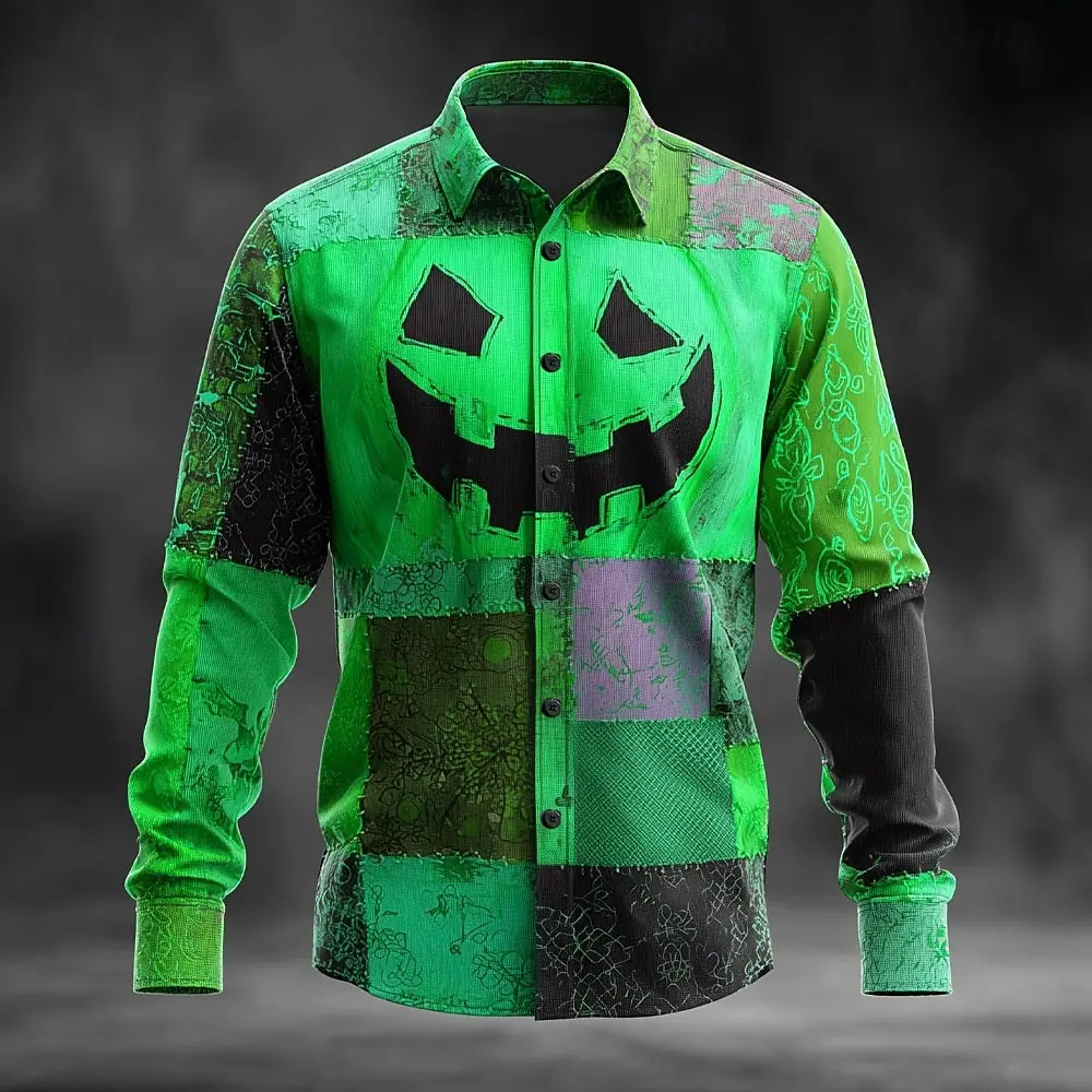 Halloween Costumes Men's Color Block Shirt Button Up Shirt Long Sleeve Casual Outdoor Vacation Fall 3D Print Collared Shirts